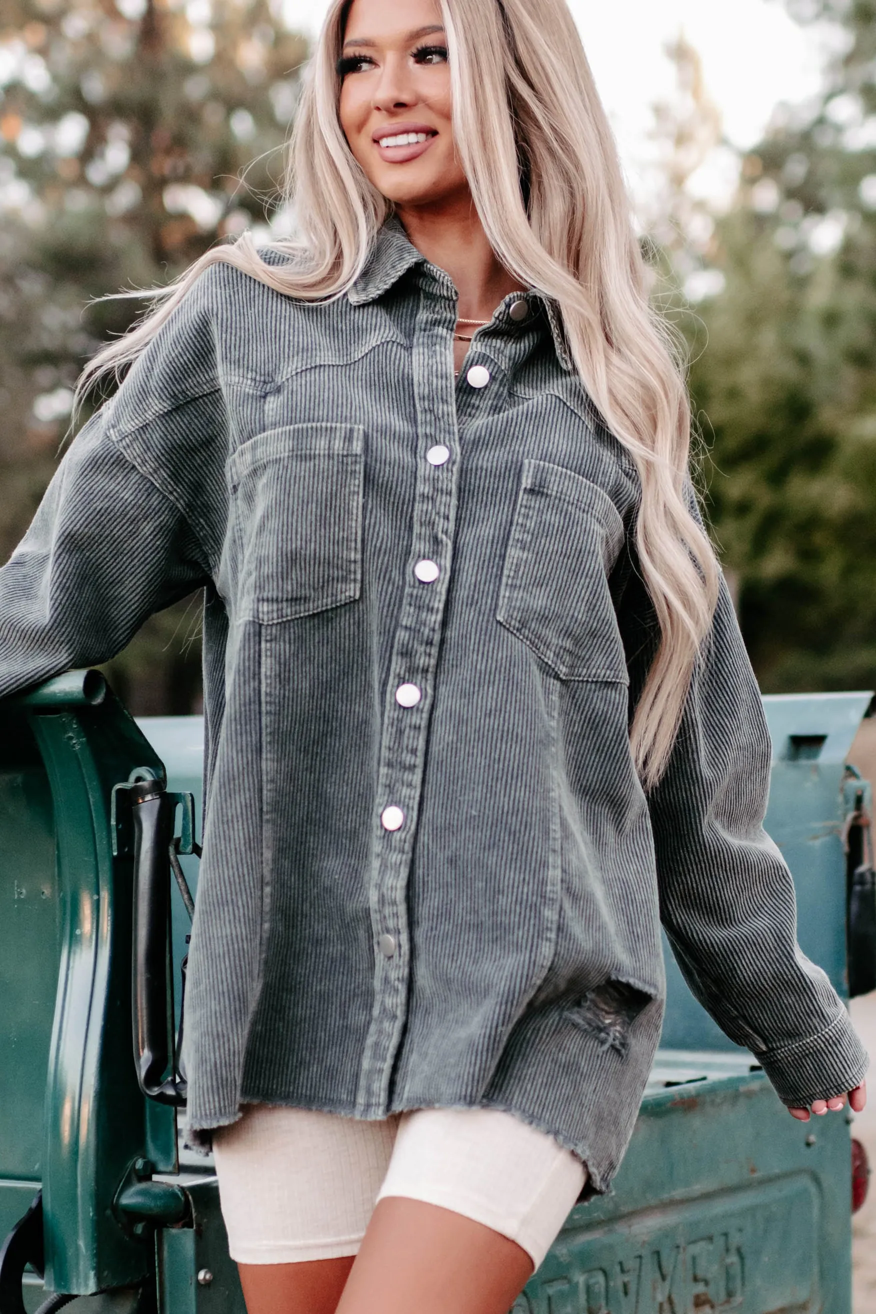 Cowgirl Please Corduroy Patch Distressed Shacket (Grey)