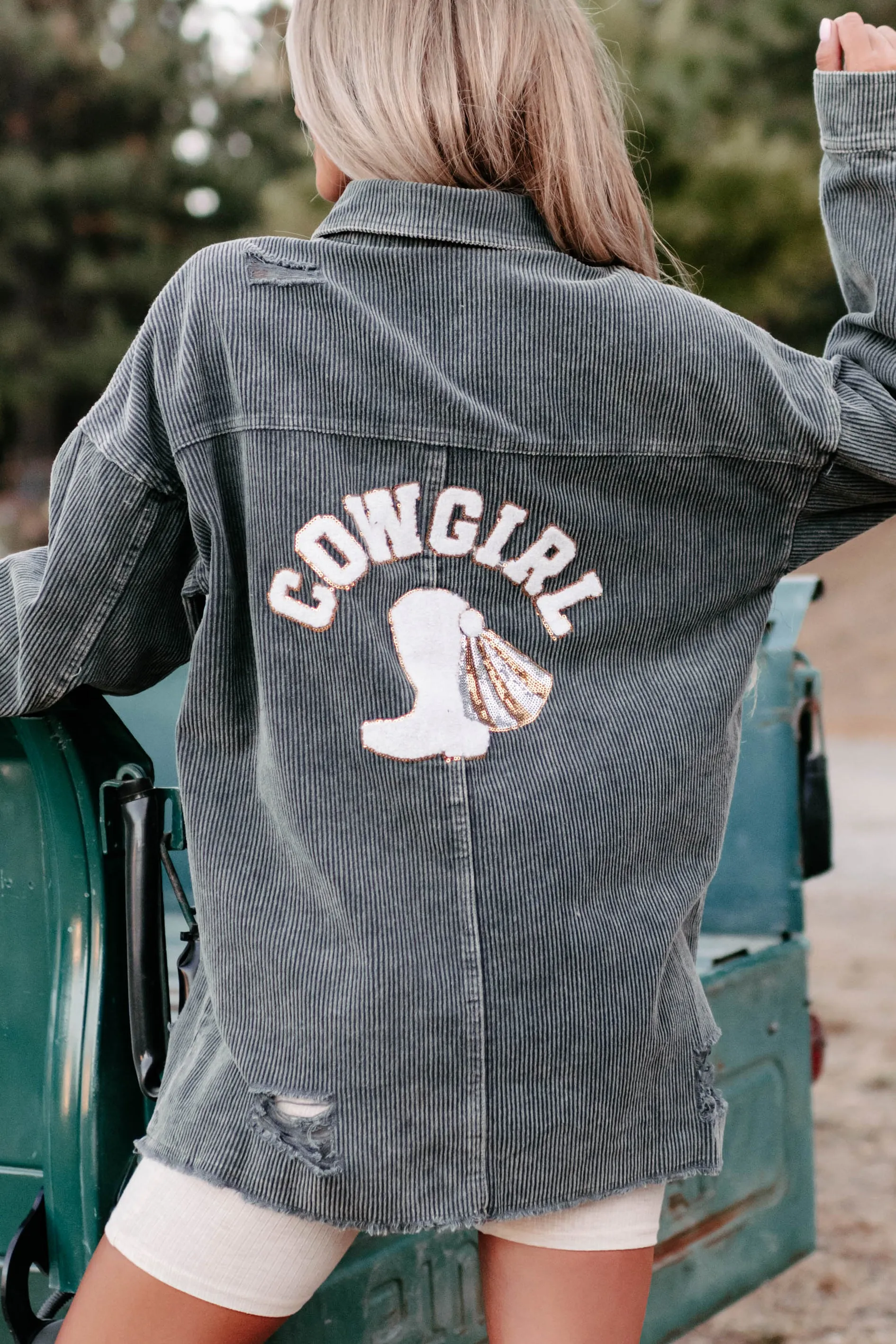 Cowgirl Please Corduroy Patch Distressed Shacket (Grey)