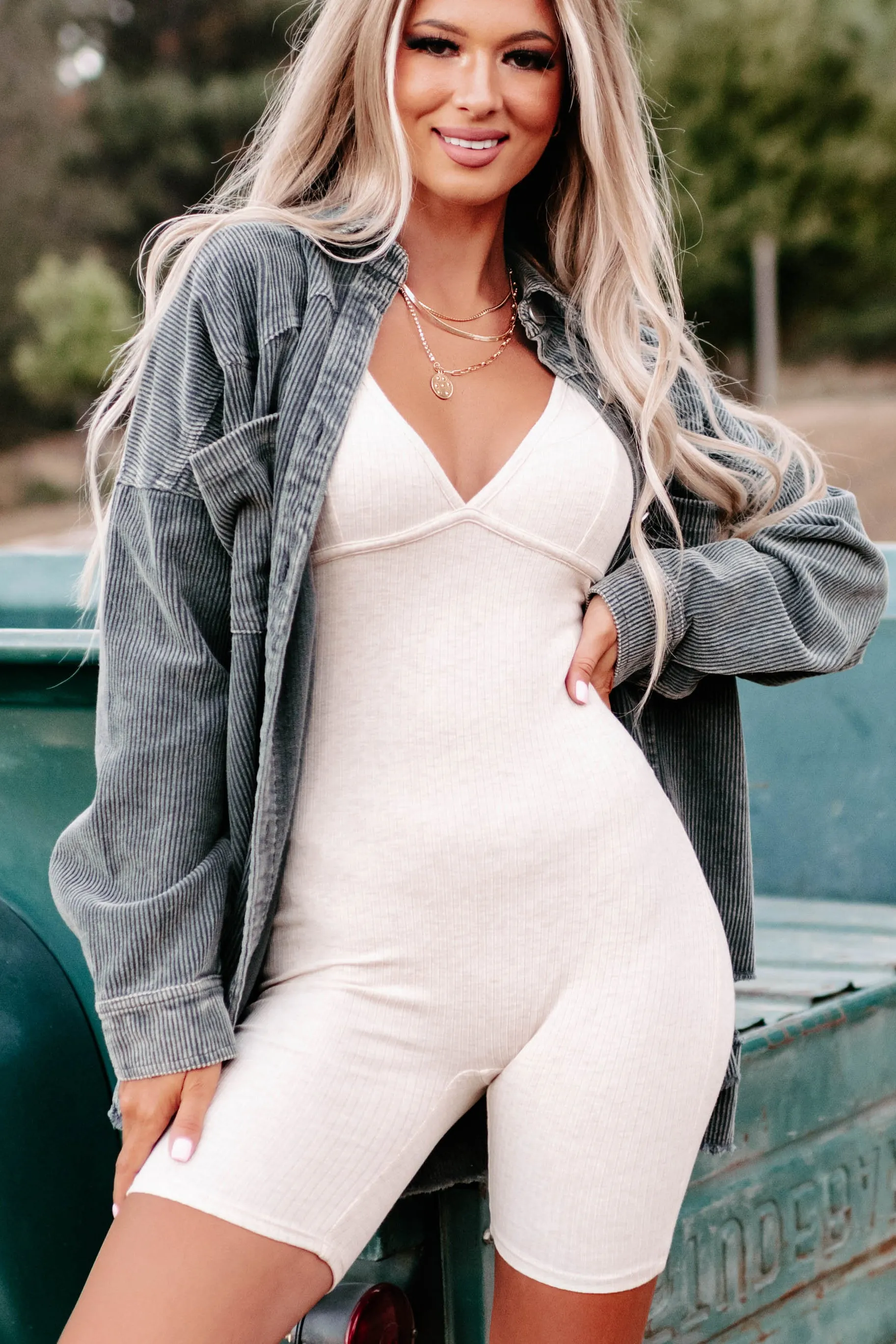 Cowgirl Please Corduroy Patch Distressed Shacket (Grey)