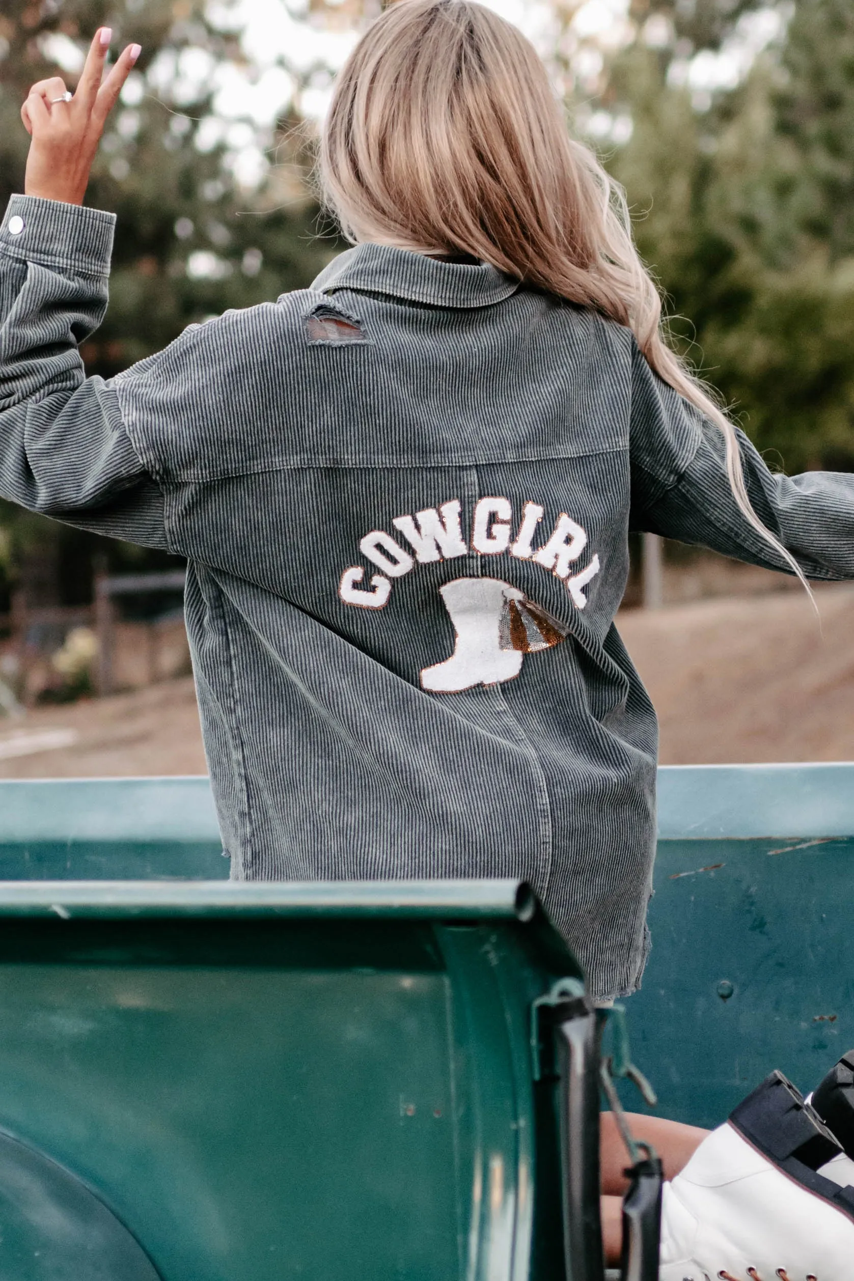 Cowgirl Please Corduroy Patch Distressed Shacket (Grey)