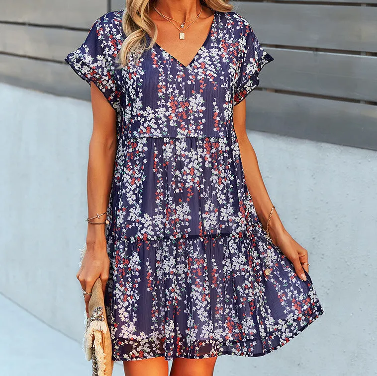 DEANWAQNGKT  Self-Developed Design European and American  Printed New Dress  Summer Elegant A- line Skirt Loose Chiffon