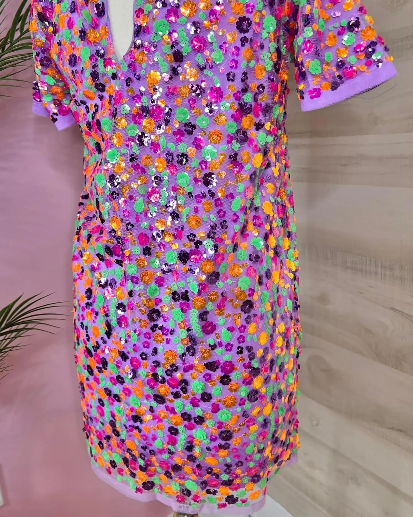 Disco Doll Purple Multi Sequin Floral Embellished T Shirt Dress
