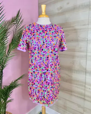 Disco Doll Purple Multi Sequin Floral Embellished T Shirt Dress