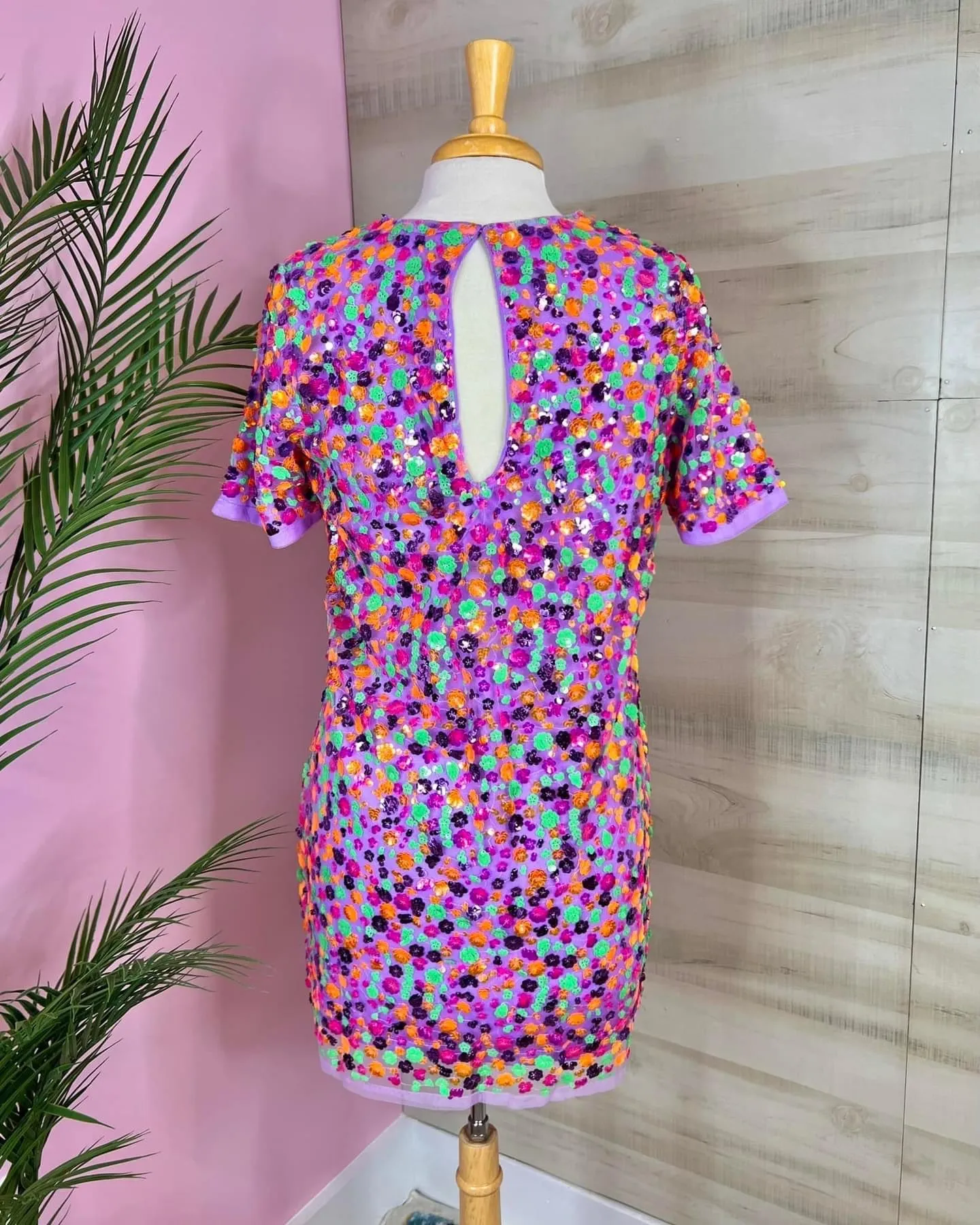 Disco Doll Purple Multi Sequin Floral Embellished T Shirt Dress
