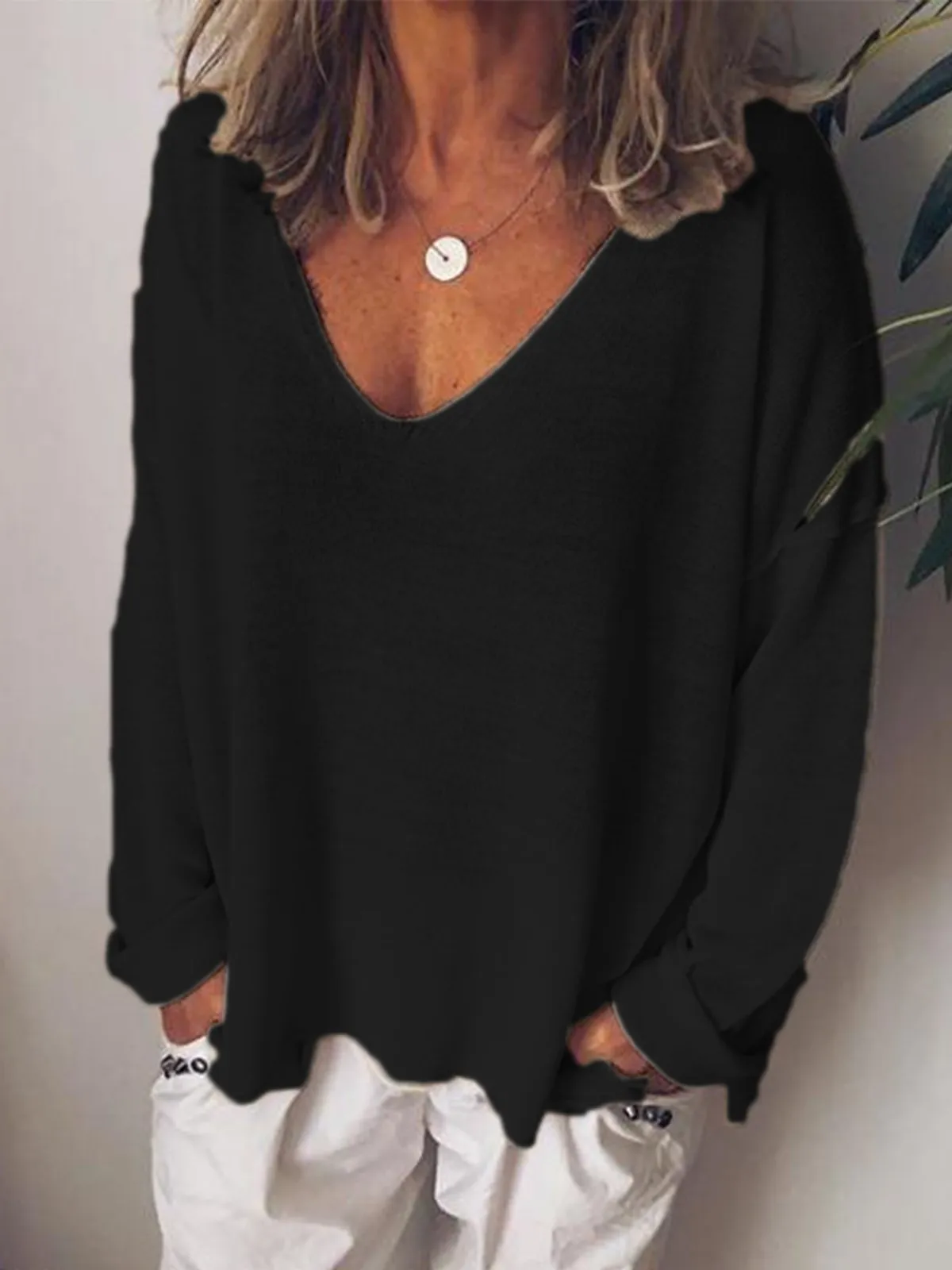 Dunnmall Casual V Neck Cotton-Blend Long Sleeve Shirts & Tops