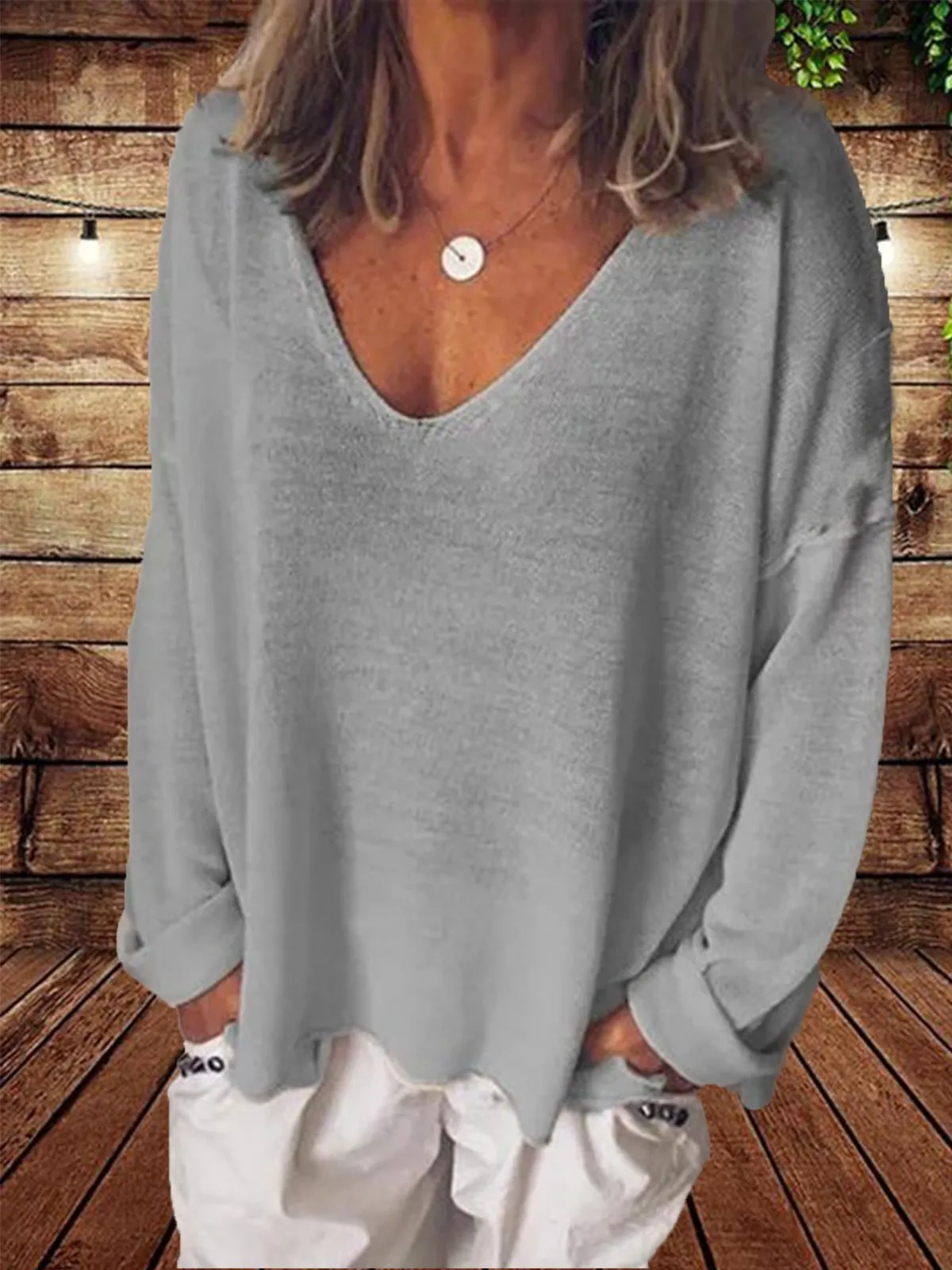 Dunnmall Casual V Neck Cotton-Blend Long Sleeve Shirts & Tops