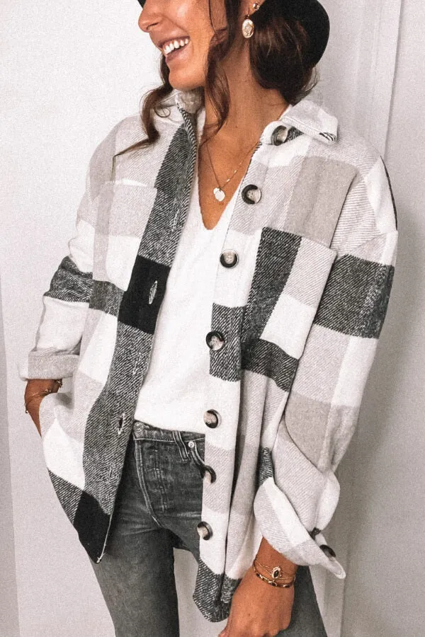 Dunnmall Fashion Plaid Loose Woollen Coat