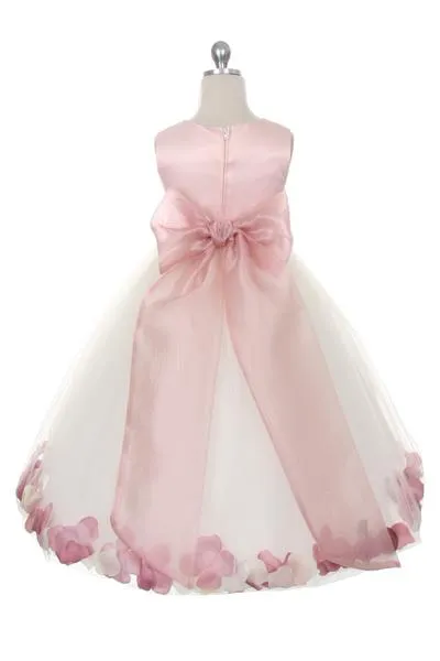 Dusty Rose Top Flower Petal Girls Dress with Organza Sash