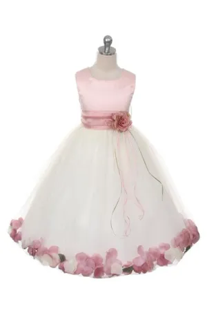 Dusty Rose Top Flower Petal Girls Dress with Organza Sash