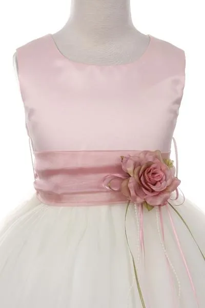 Dusty Rose Top Flower Petal Girls Dress with Organza Sash