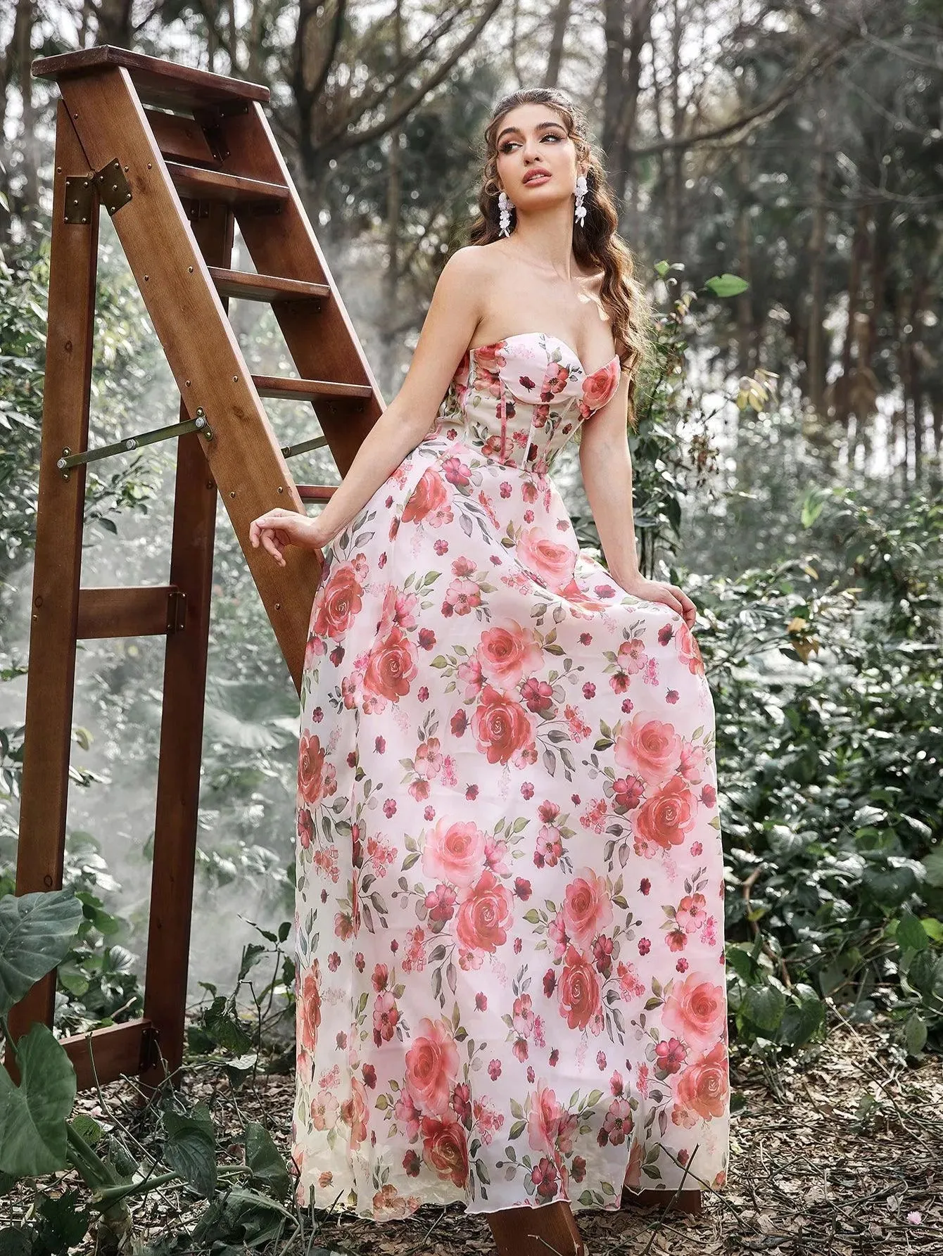 Elegant Lace UP Back Floral Printed Organza Prom Tube Dress
