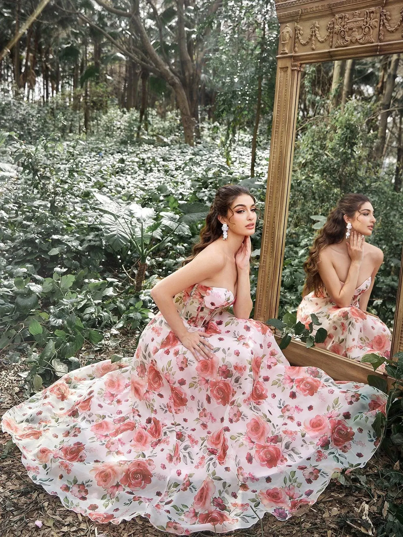 Elegant Lace UP Back Floral Printed Organza Prom Tube Dress