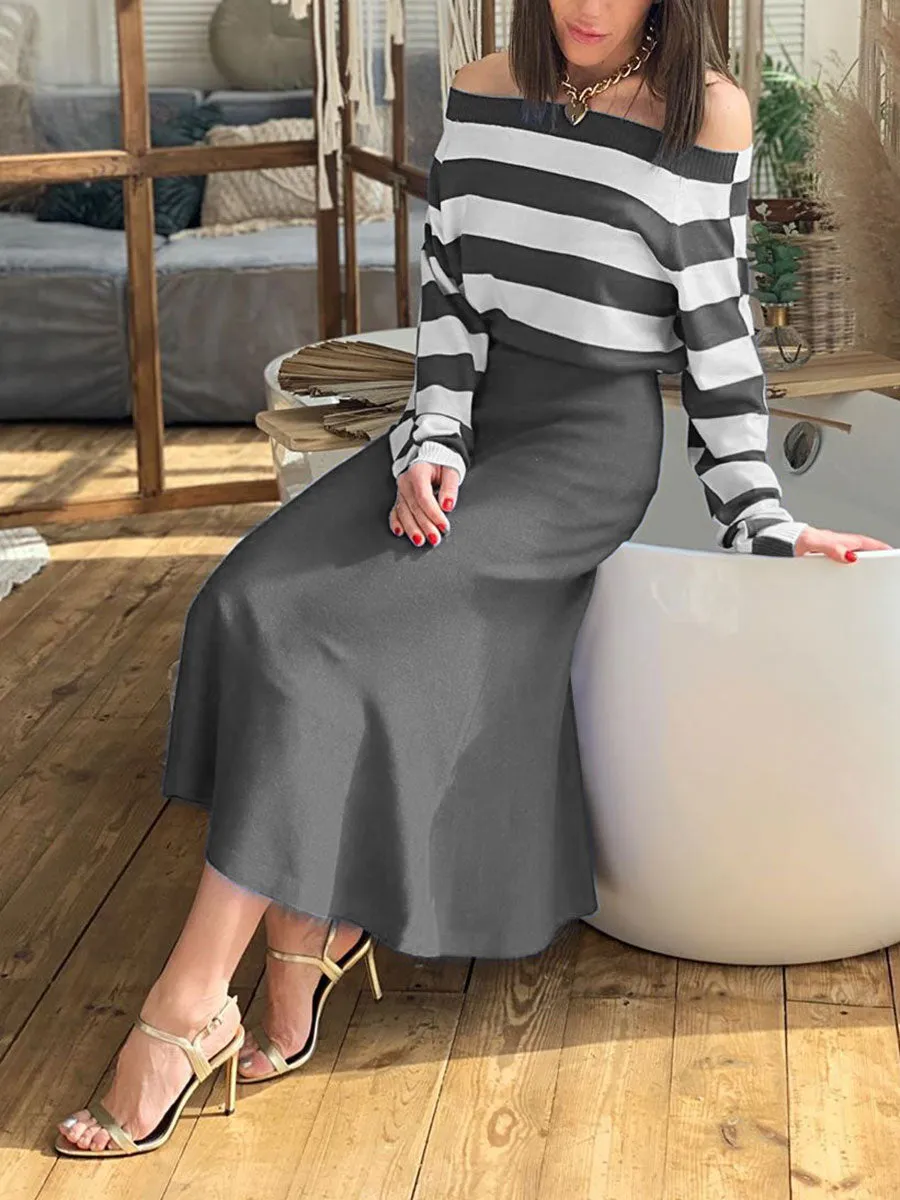 Elegant Long Sleeved Striped Top and Skirt Suit