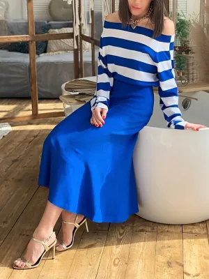 Elegant Long Sleeved Striped Top and Skirt Suit