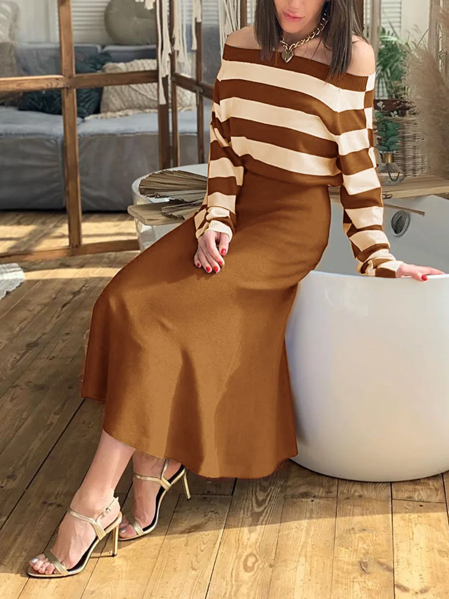 Elegant Long Sleeved Striped Top and Skirt Suit