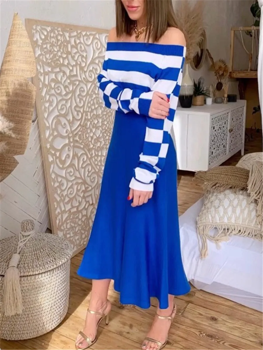 Elegant Long Sleeved Striped Top and Skirt Suit