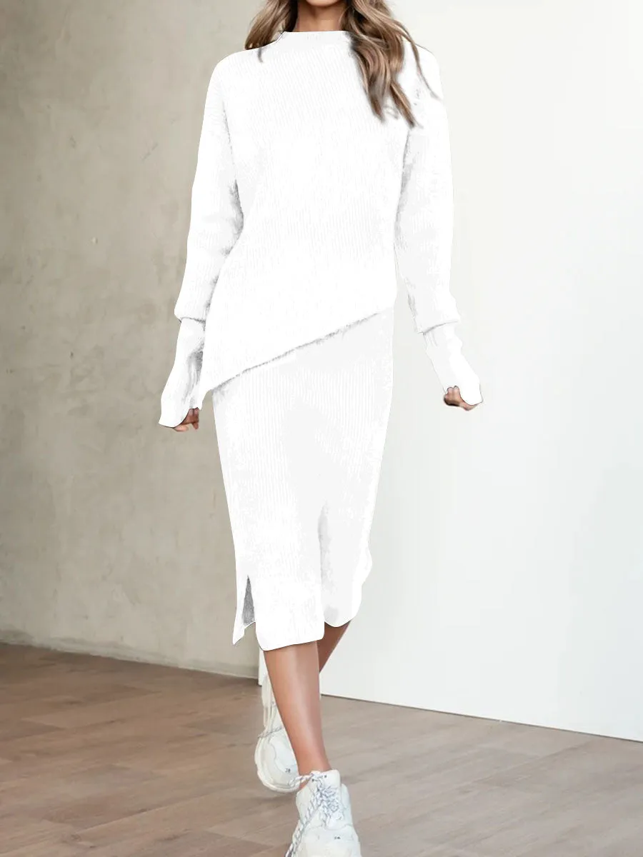 Elegant Loose LongSleeved Top and Skirt Knit Suit