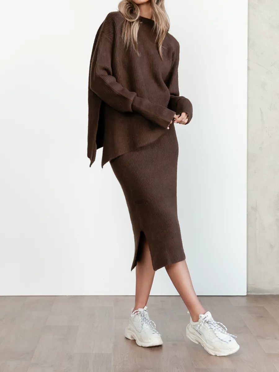 Elegant Loose LongSleeved Top and Skirt Knit Suit