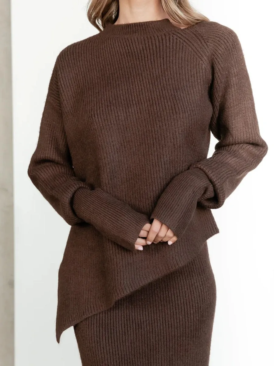 Elegant Loose LongSleeved Top and Skirt Knit Suit