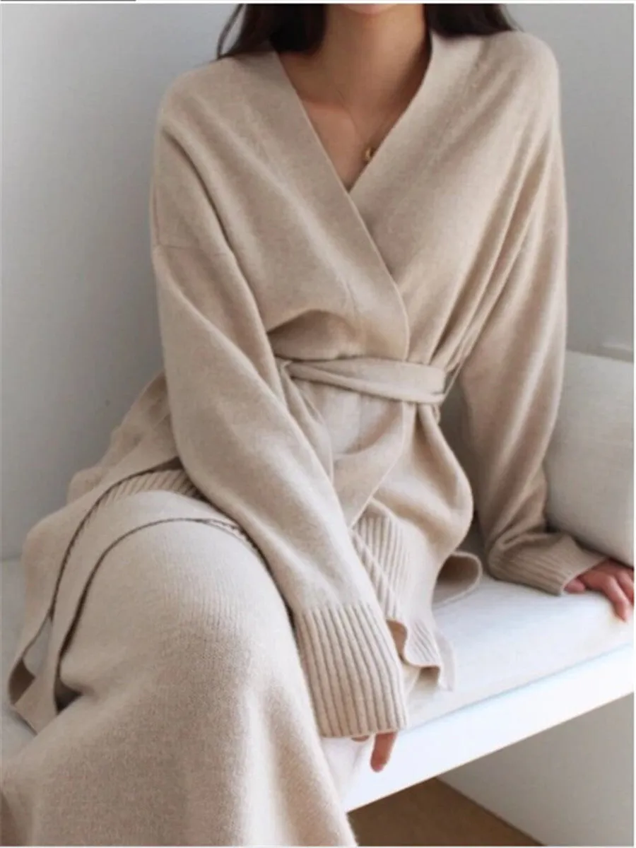 Elegant V-Neck Long Sleeve Coat Skirt Knit Set