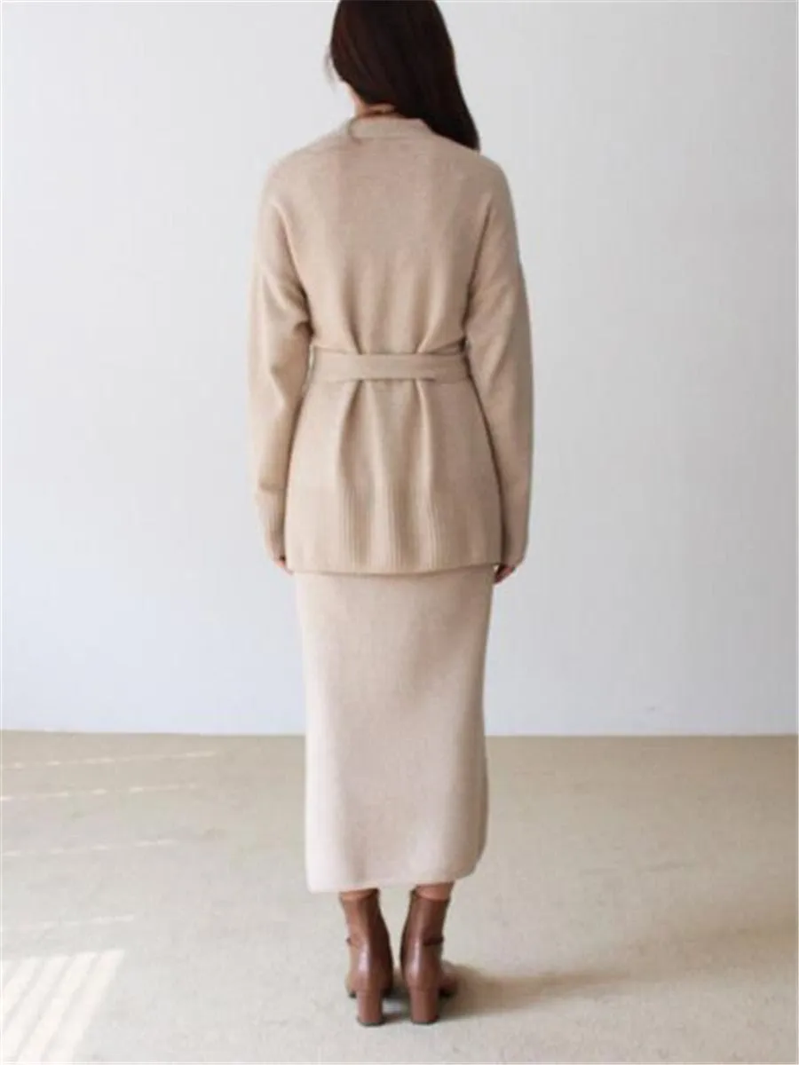 Elegant V-Neck Long Sleeve Coat Skirt Knit Set