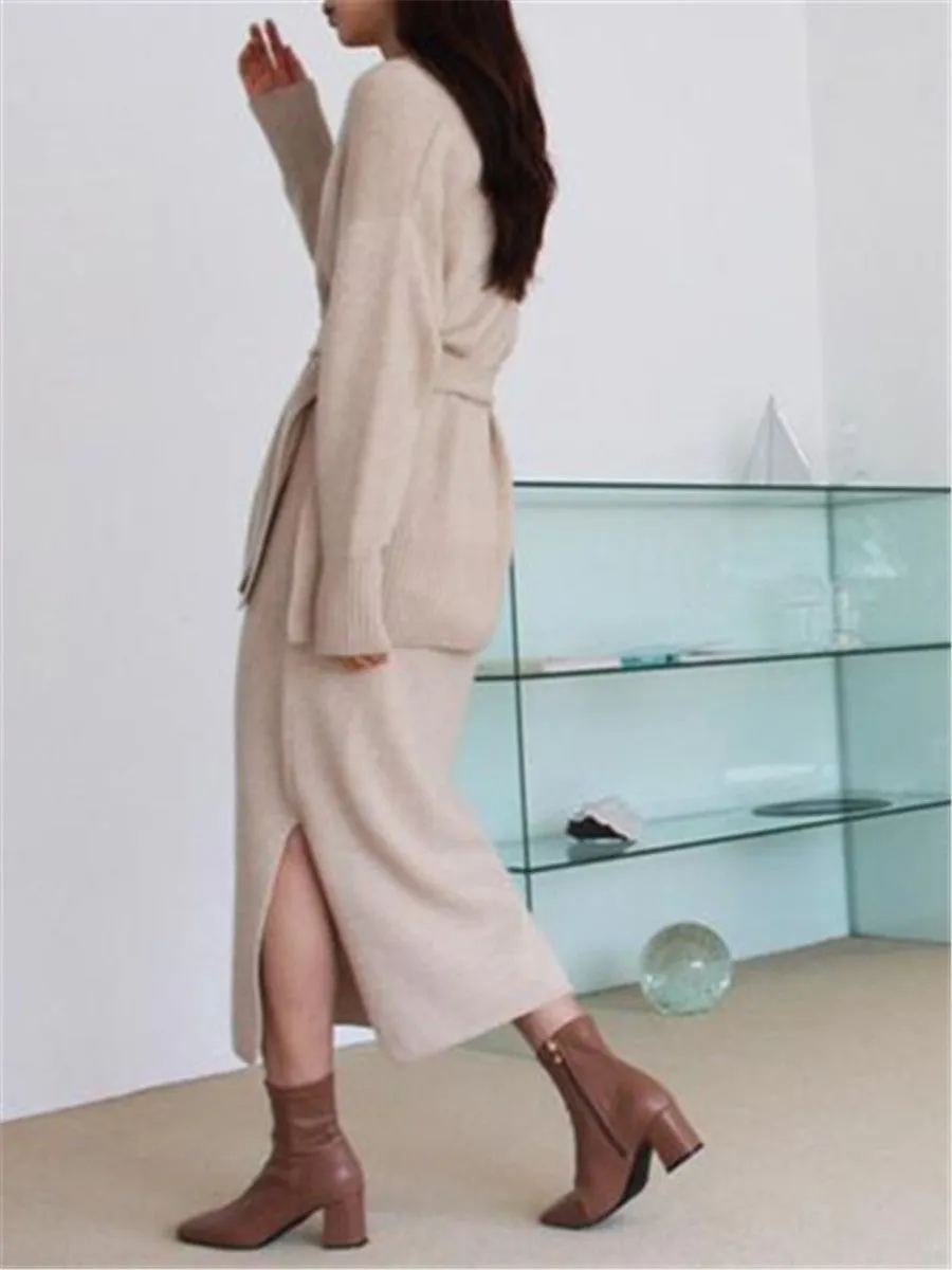 Elegant V-Neck Long Sleeve Coat Skirt Knit Set