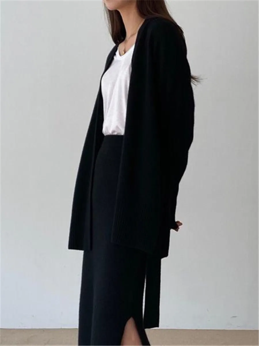 Elegant V-Neck Long Sleeve Coat Skirt Knit Set