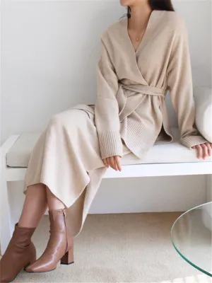 Elegant V-Neck Long Sleeve Coat Skirt Knit Set