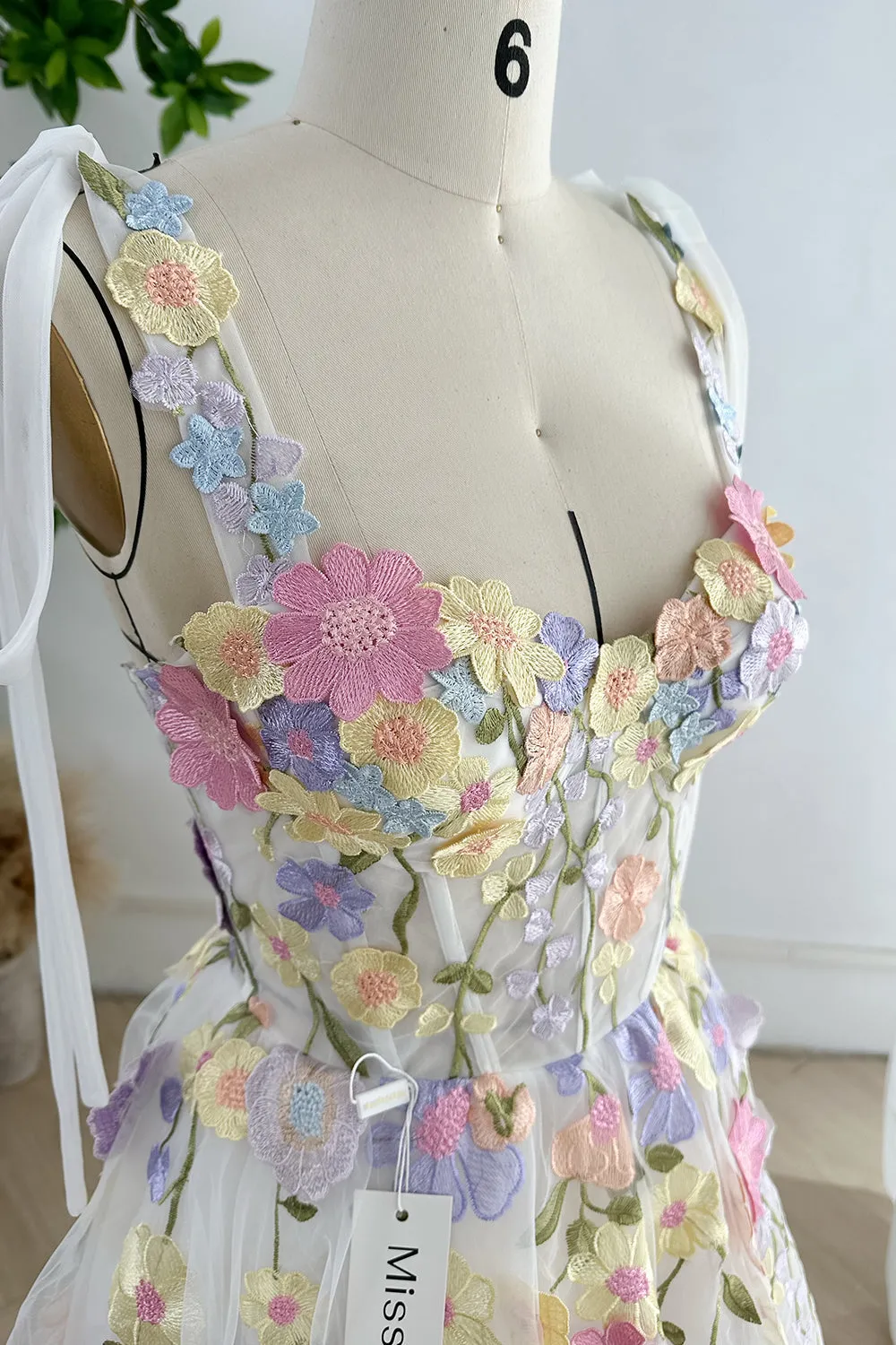 Embroidery Floral Corset Ivory Dress with Removable Tie Straps