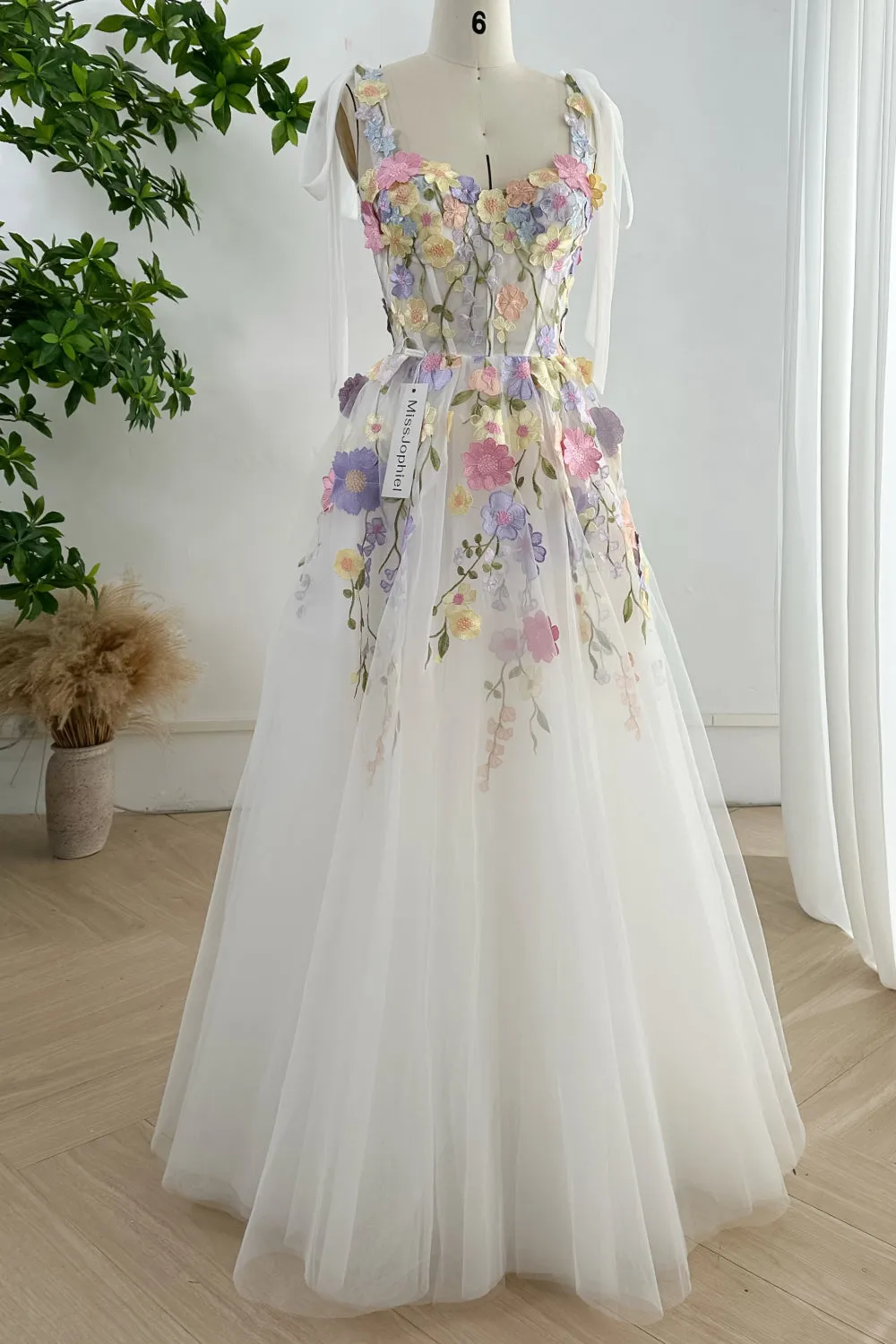 Embroidery Floral Corset Ivory Dress with Removable Tie Straps