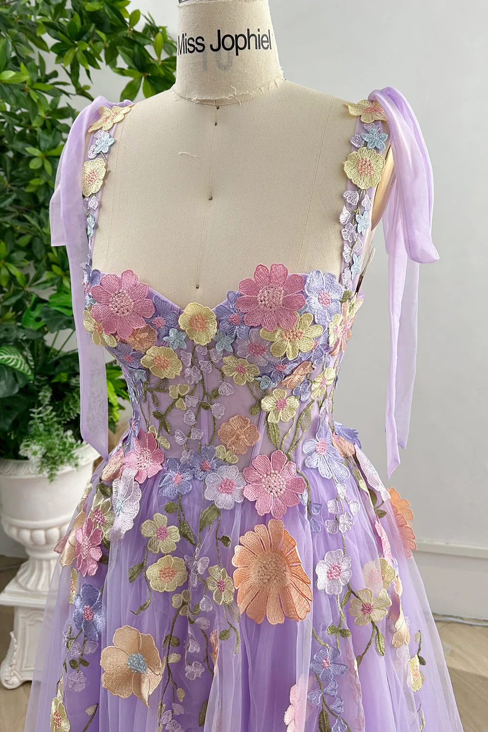 Embroidery Floral Corset Ivory Dress with Removable Tie Straps