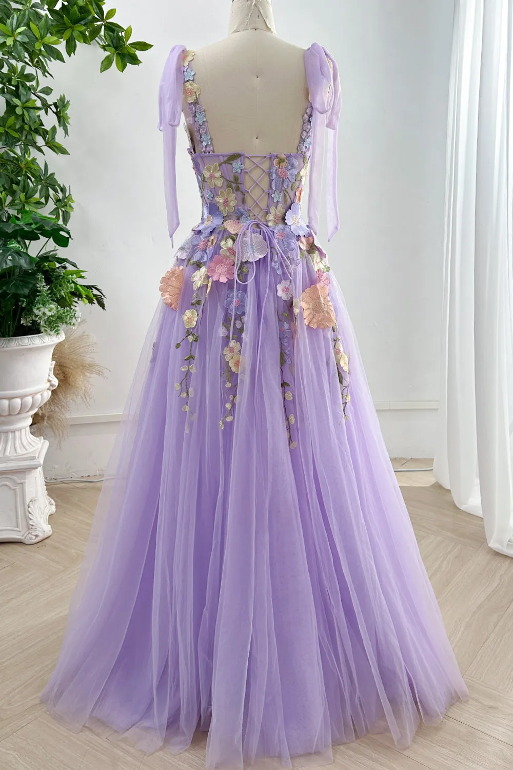 Embroidery Floral Corset Ivory Dress with Removable Tie Straps