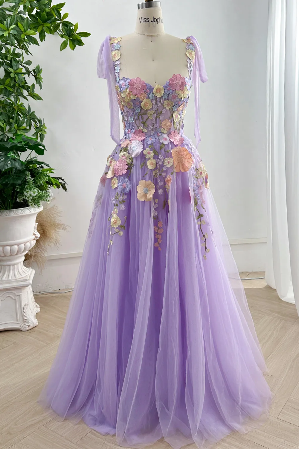 Embroidery Floral Corset Ivory Dress with Removable Tie Straps