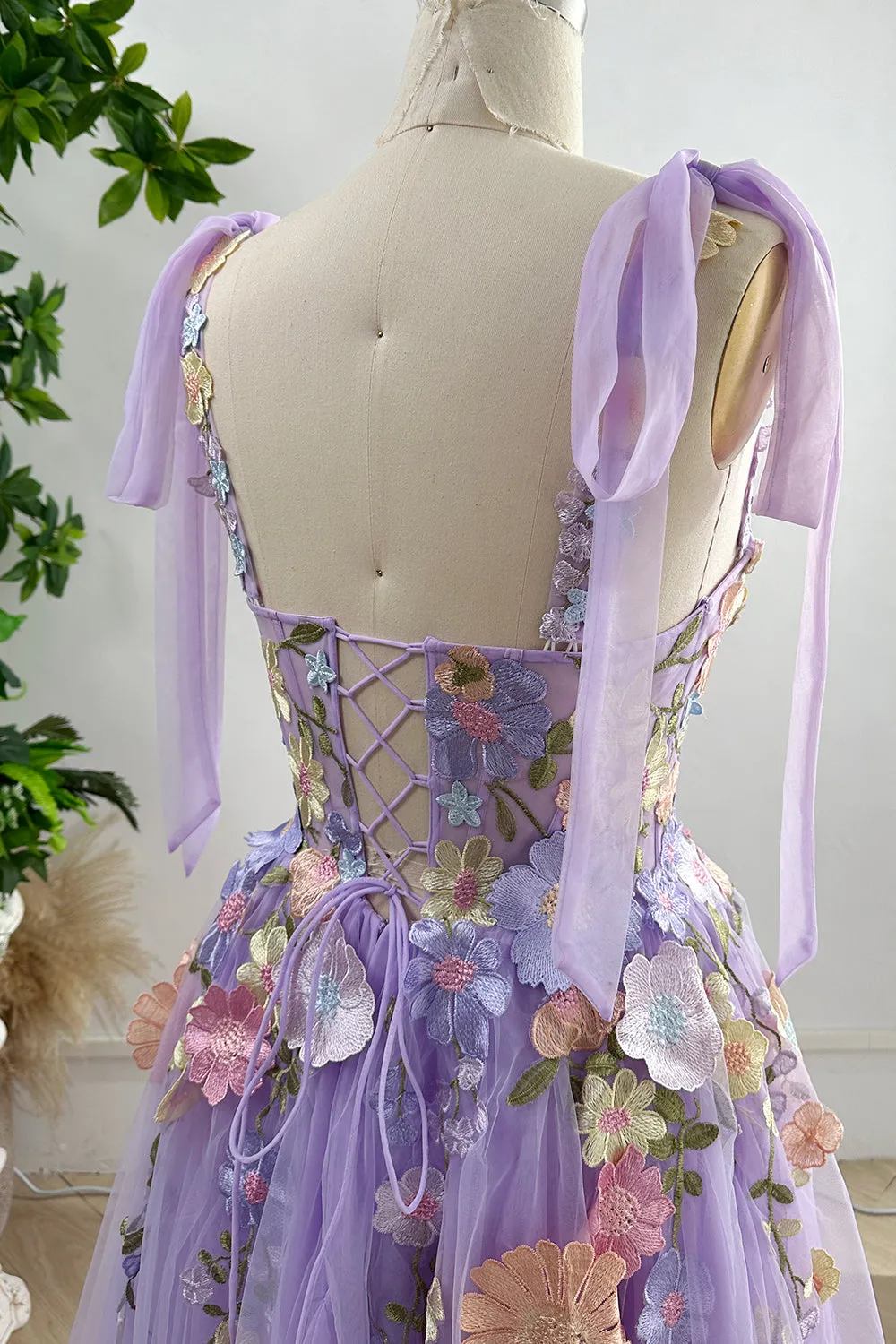 Embroidery Floral Corset Ivory Dress with Removable Tie Straps