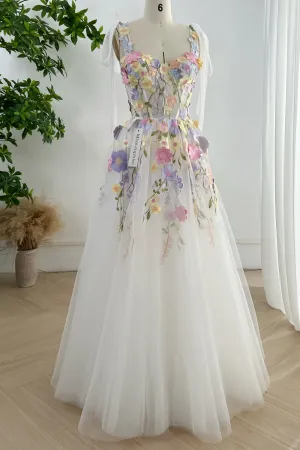 Embroidery Floral Corset Ivory Dress with Removable Tie Straps