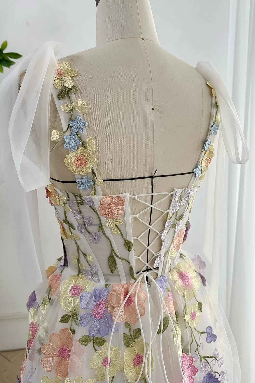 Embroidery Floral Corset Ivory Dress with Removable Tie Straps