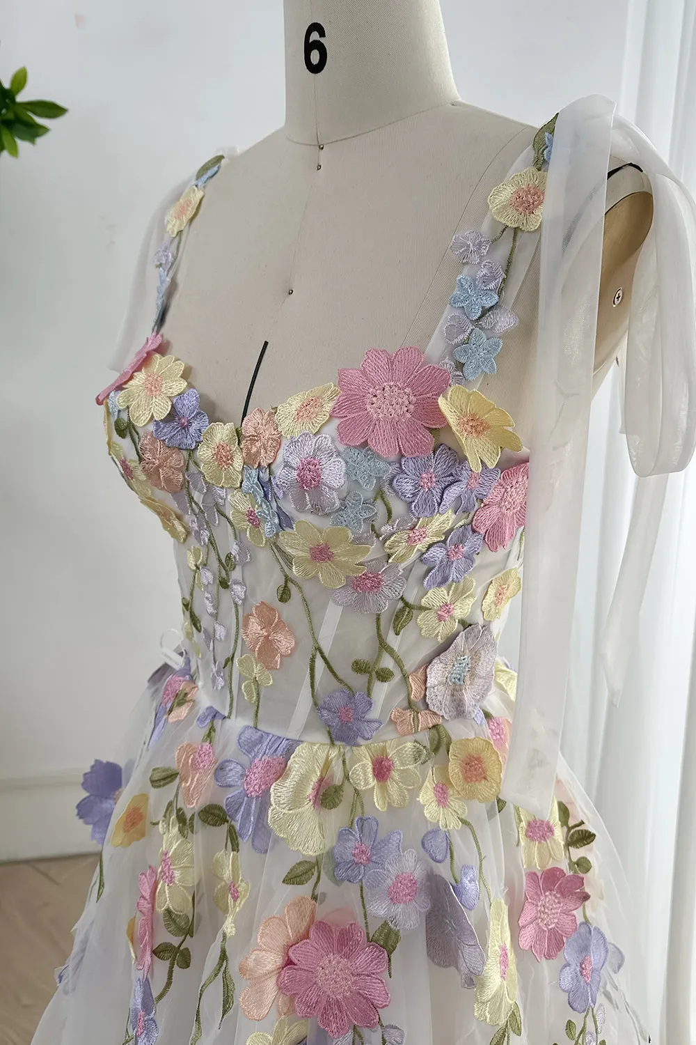 Embroidery Floral Corset Ivory Dress with Removable Tie Straps