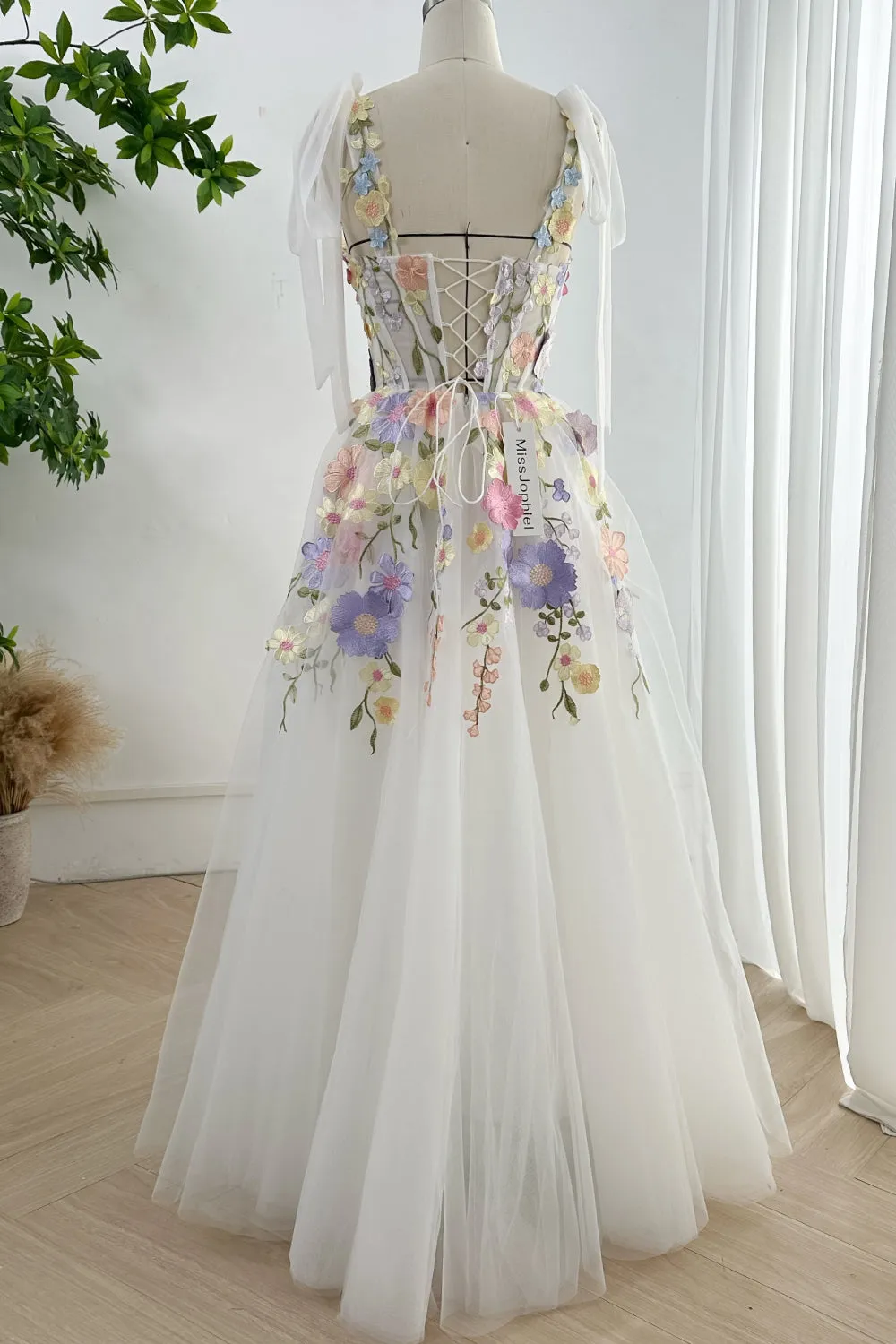Embroidery Floral Corset Ivory Dress with Removable Tie Straps