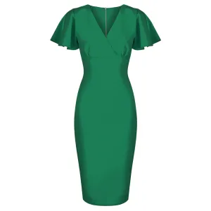 Emerald Green Half Sleeve Deep V Neck Crossover Top Wiggle Dress