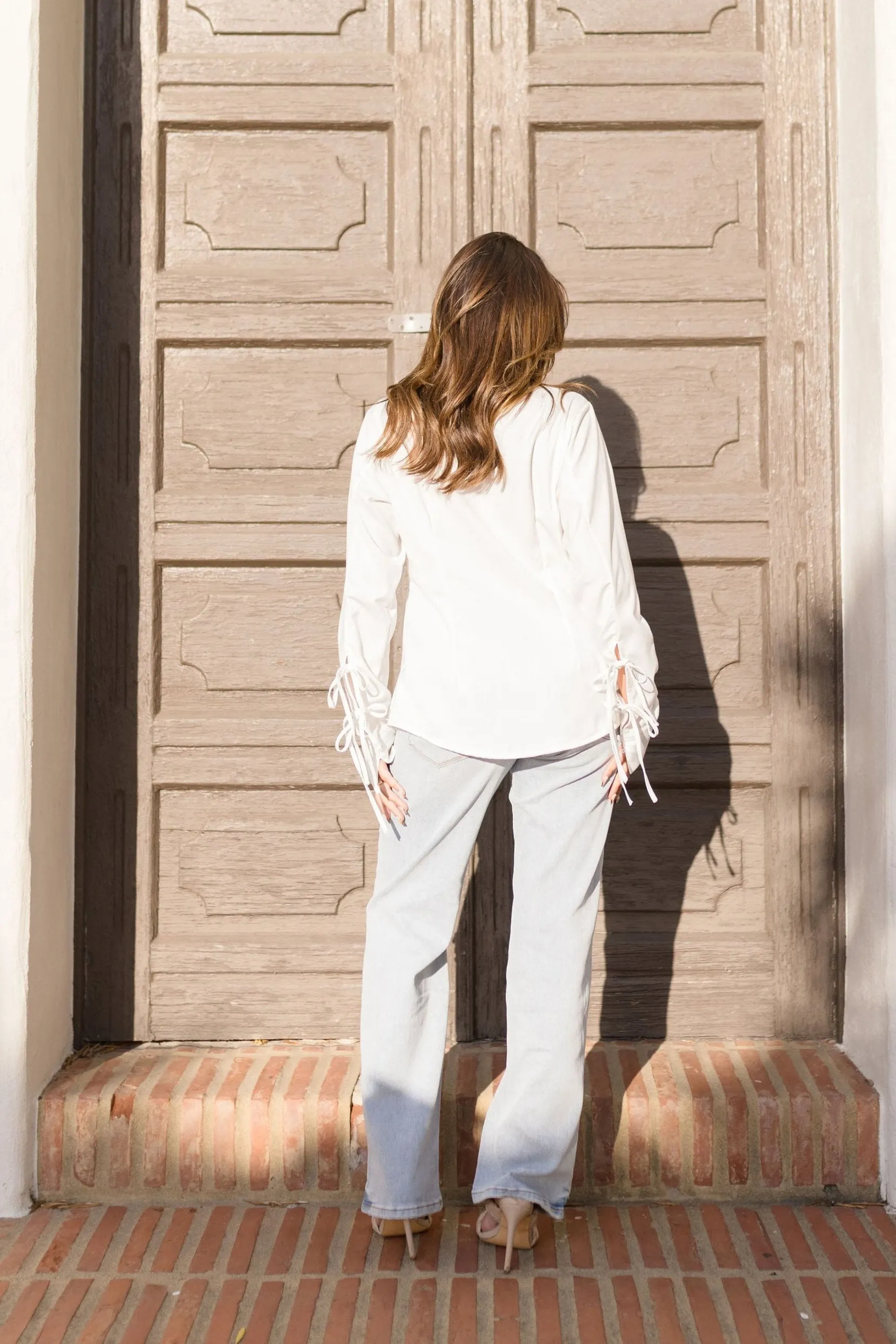 Faith Long Sleeve Bow Tie Top White