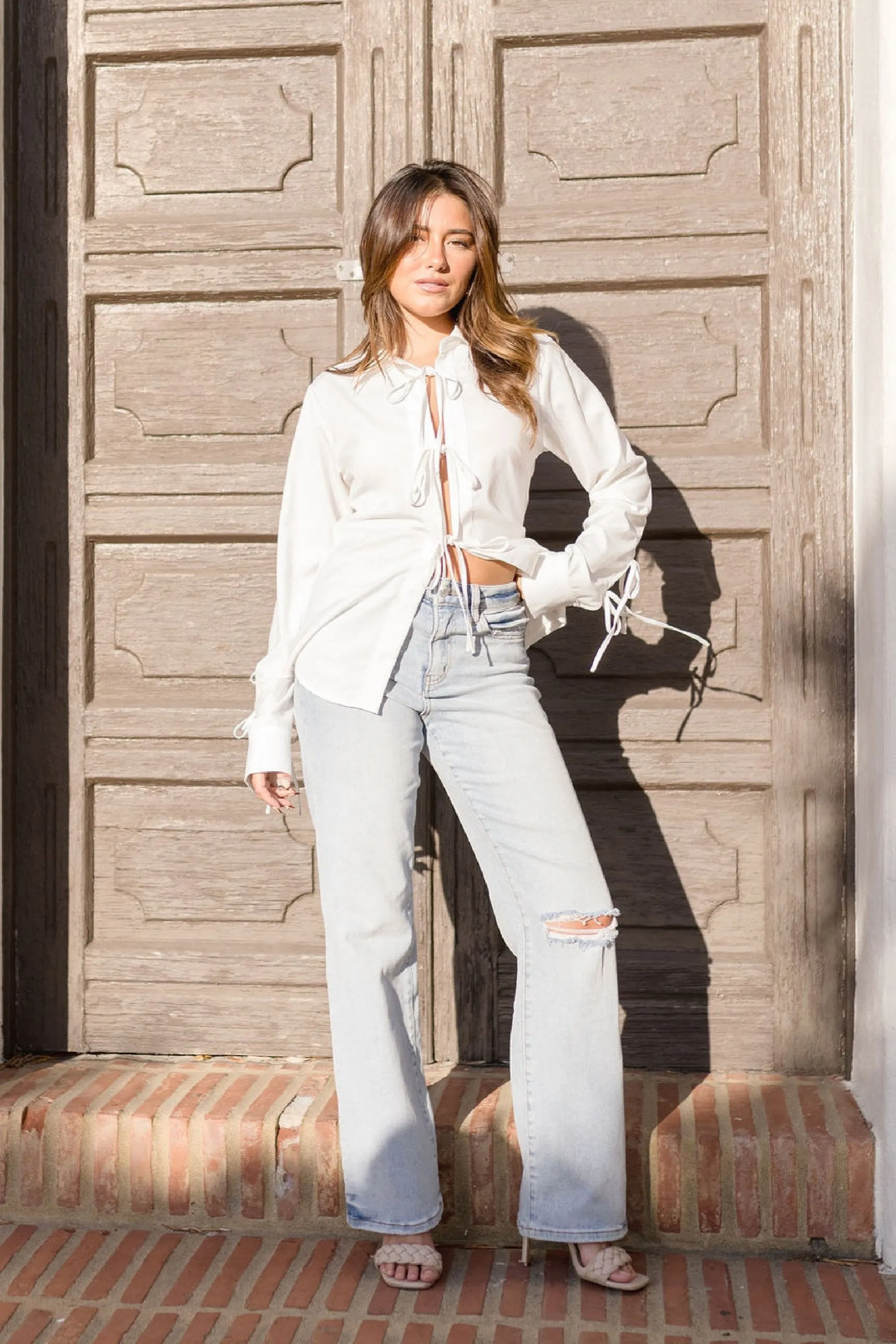 Faith Long Sleeve Bow Tie Top White