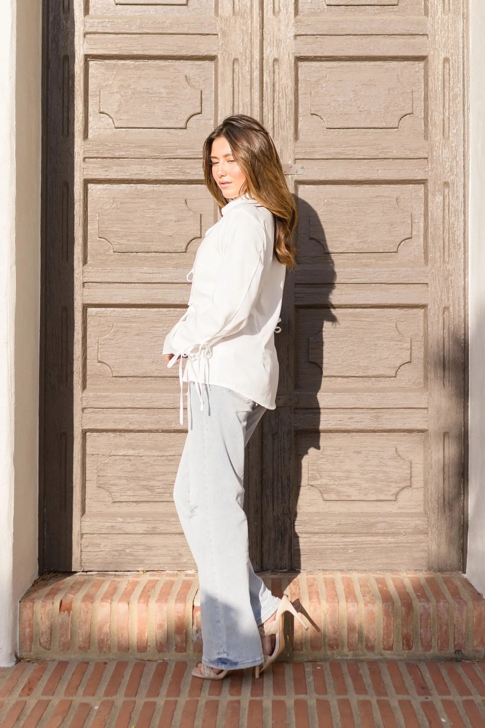 Faith Long Sleeve Bow Tie Top White