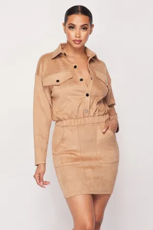 FAUX SUEDE BUTTON-UP SHIRT DRESS