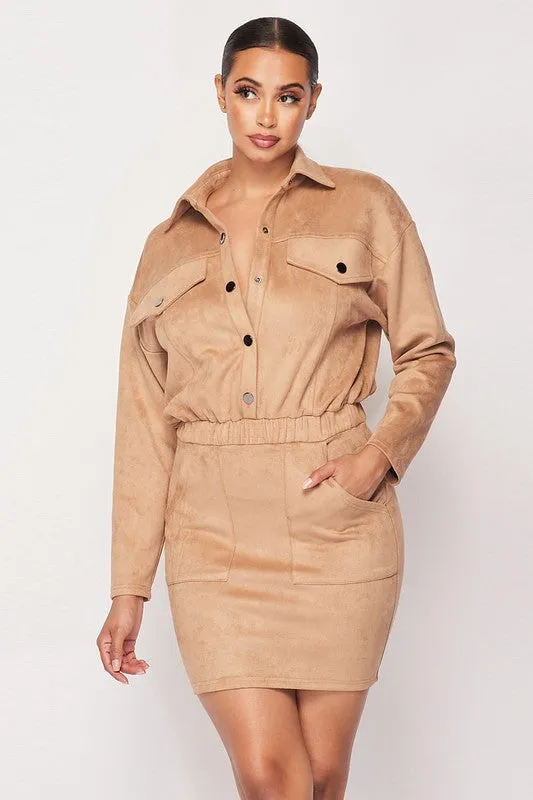 FAUX SUEDE BUTTON-UP SHIRT DRESS