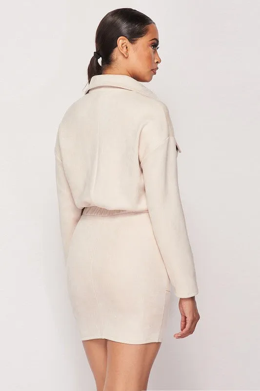FAUX SUEDE BUTTON-UP SHIRT DRESS