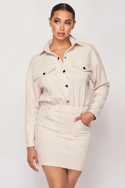FAUX SUEDE BUTTON-UP SHIRT DRESS