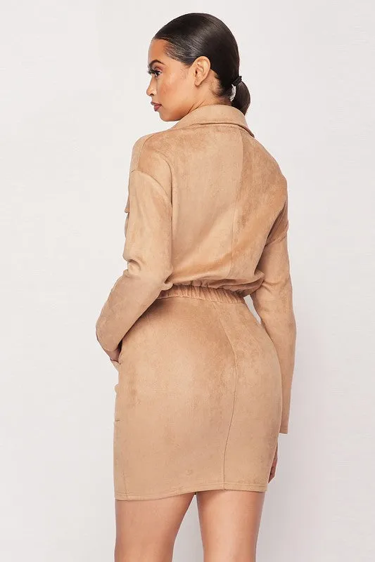 FAUX SUEDE BUTTON-UP SHIRT DRESS