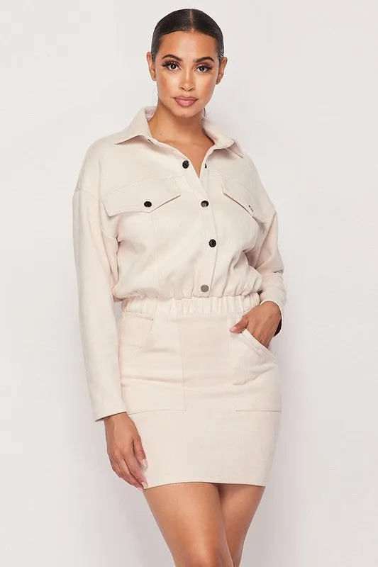 FAUX SUEDE BUTTON-UP SHIRT DRESS