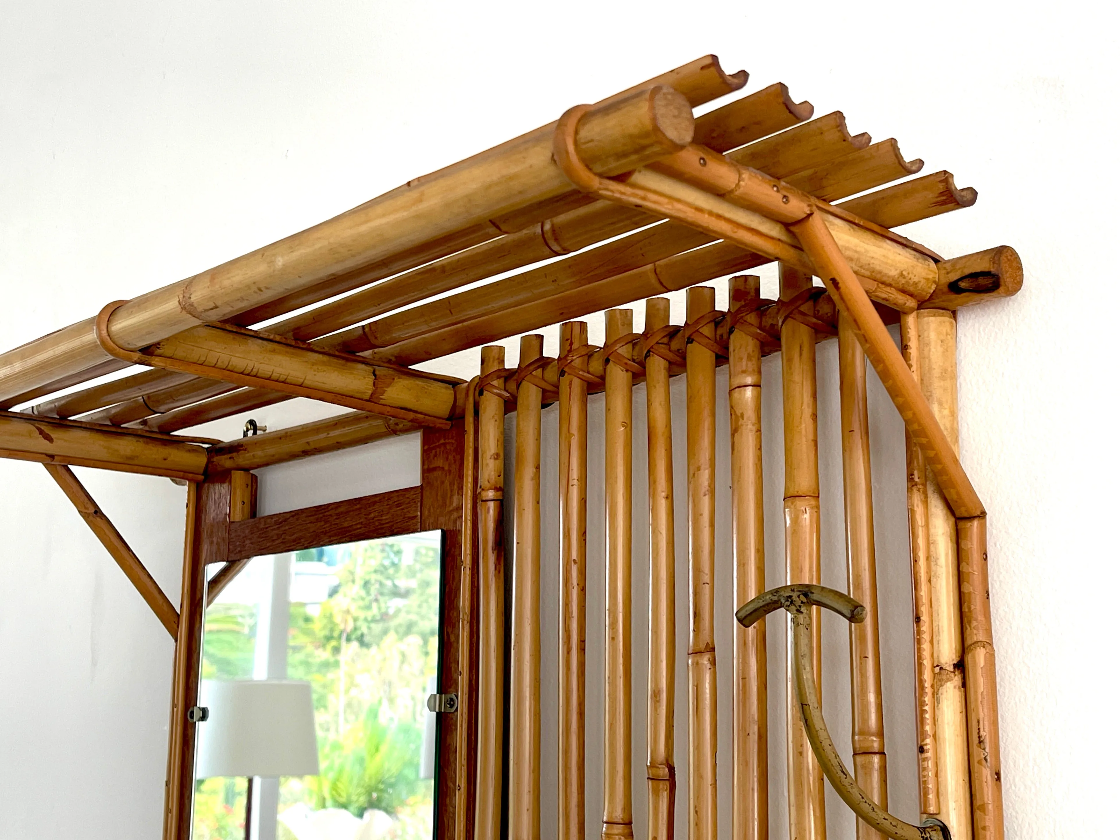 French Bamboo Coat Rack with Mirror