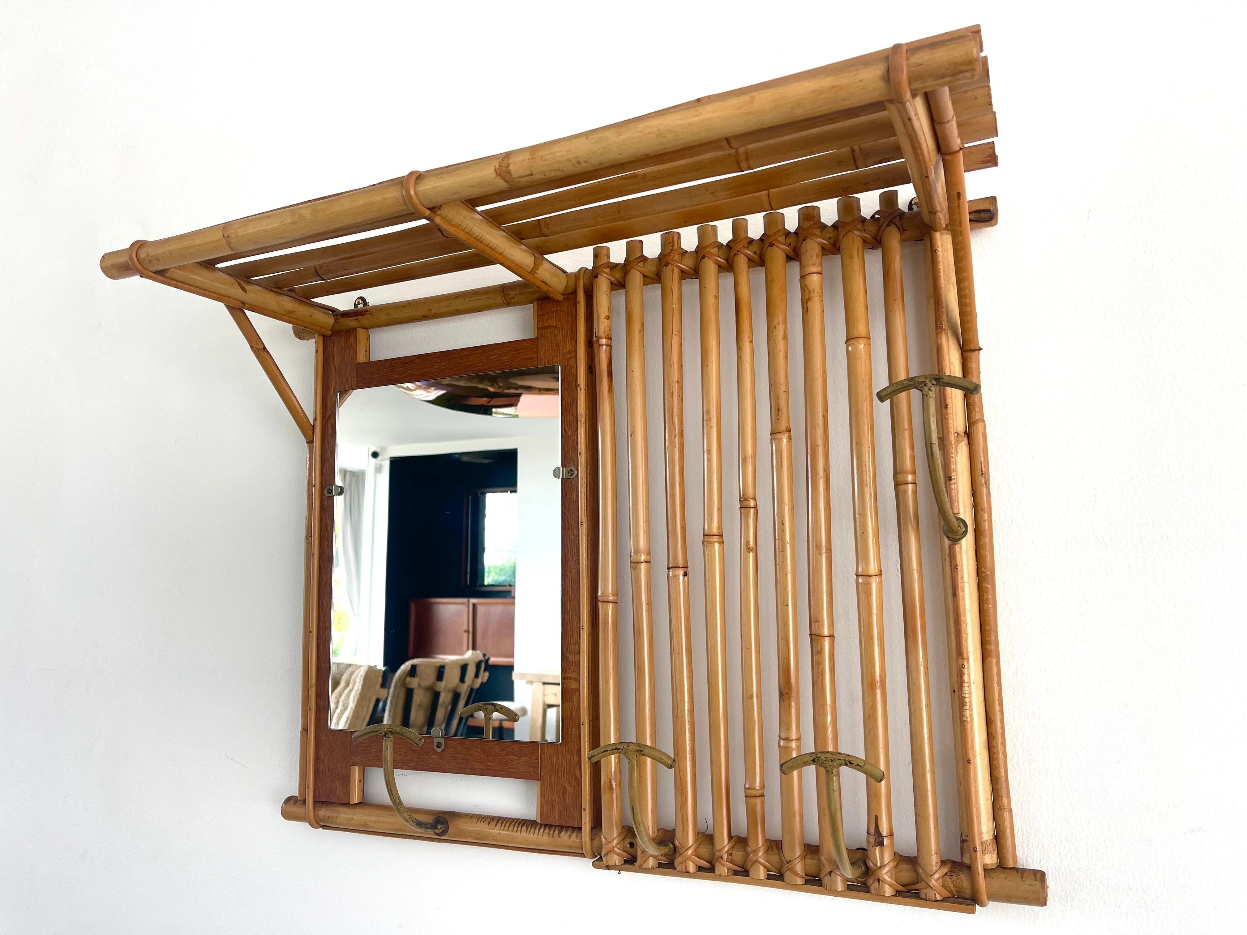 French Bamboo Coat Rack with Mirror